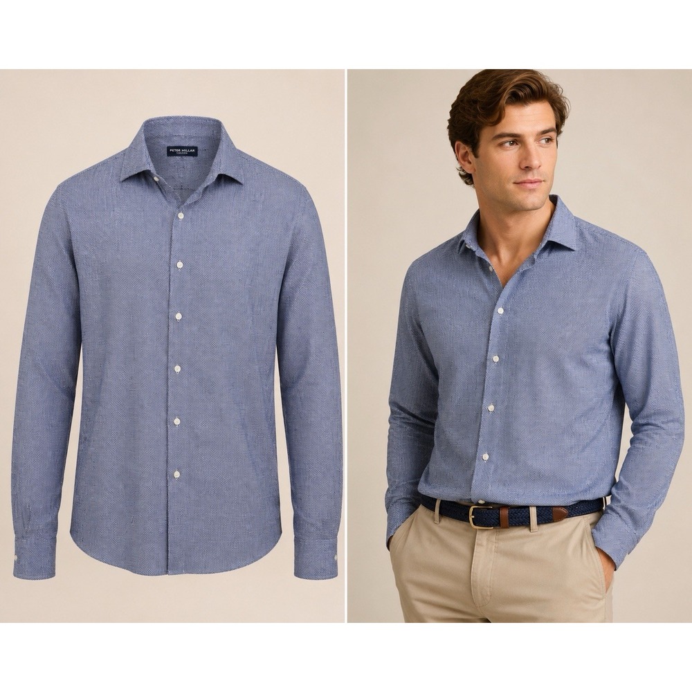 Peter Millar Collection Mens XL Blue Cashmere Linen Blend Button Down Preppy